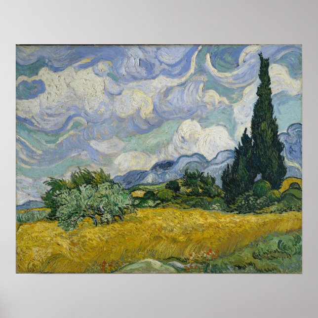 Poster Campo de trigo com ciprestes por Vincent van Gogh (Frente)