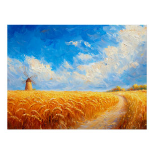 Póster Campo de trigo com moinho de vento distante