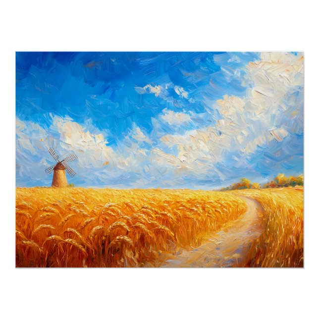 Póster Campo de trigo com moinho de vento distante (Frente)