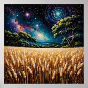 Poster Campo de Trigo Deslumbrante Sob o Céu Noturno Vibr