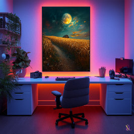 Poster Campo de Trigo Moonliado - Paisagem Noturna Tranqu