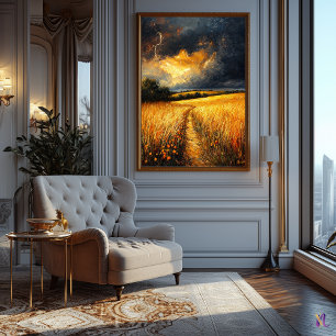 Poster Campo de trigo ouro sob o céu tempestuoso em impre