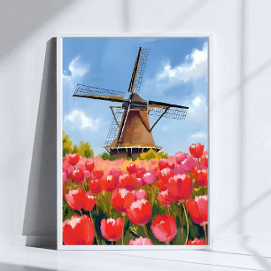 Poster Campo de Tulipas do Moinho de Vento Holandês em Aq