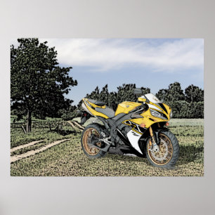 Poster Campo do Mezzotint e motocicleta amarela