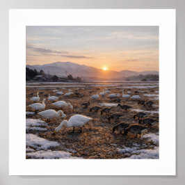 Poster Campo Dourado de Inverno com Cisnes e Gansos –