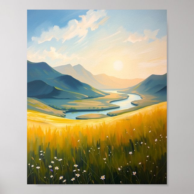Poster Campo Dourado e Rio ao Pôr do Sol (Frente)