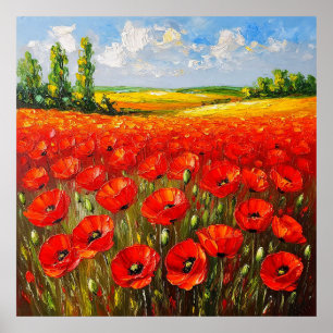 Poster Campo Vívido de Papoulas Vermelhas em Flor