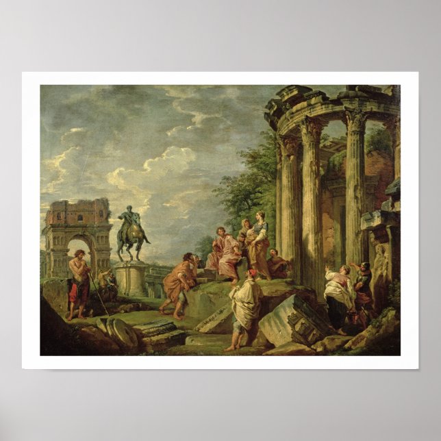 Poster Camponeses entre as ruínas romanas, 1743 (óleo na  (Frente)