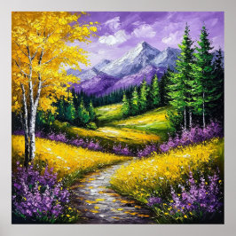 Poster Campos Amarelos, Flores, Montanhas Cobiertas de Ne