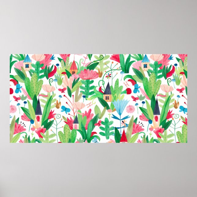 Poster Campos de flores e plantas com casas pequenas, mas (Frente)