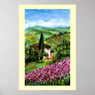 PÓSTER CAMPOS DE ÍRIS ROXA EM PAISAGEM VERDE DA TOSCANA
