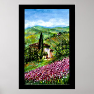 PÓSTER CAMPOS DE ÍRIS ROXA EM PAISAGEM VERDE DA TOSCANA