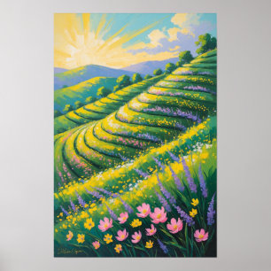 Poster Campos de Lavanda Iluminados pelo Sol com Colinas