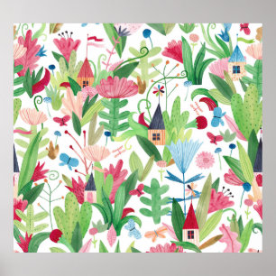 Poster Campos Florais: Padrão de Casas de Aquarela