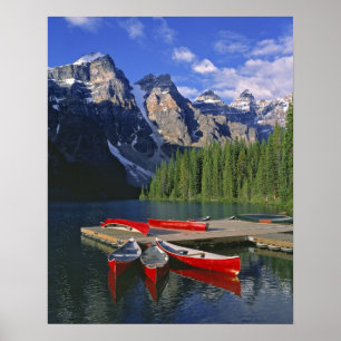 Póster Canadá, Alberta, Lago Moraine. Canoas vermelhas a