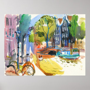 Poster Canal de Amsterdã com Bicicletas Aquarela