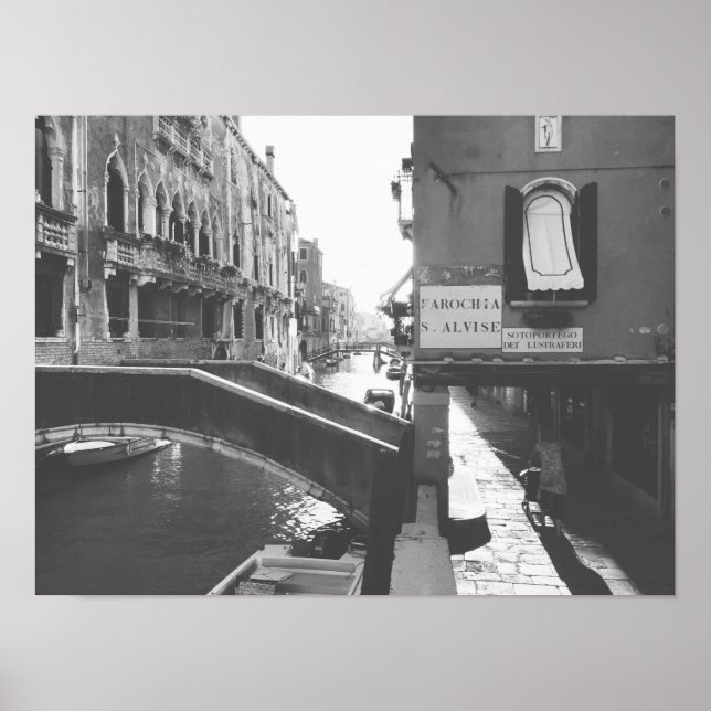 Poster Canal de Veneza, Itália, fotografia branca e negra (Frente)