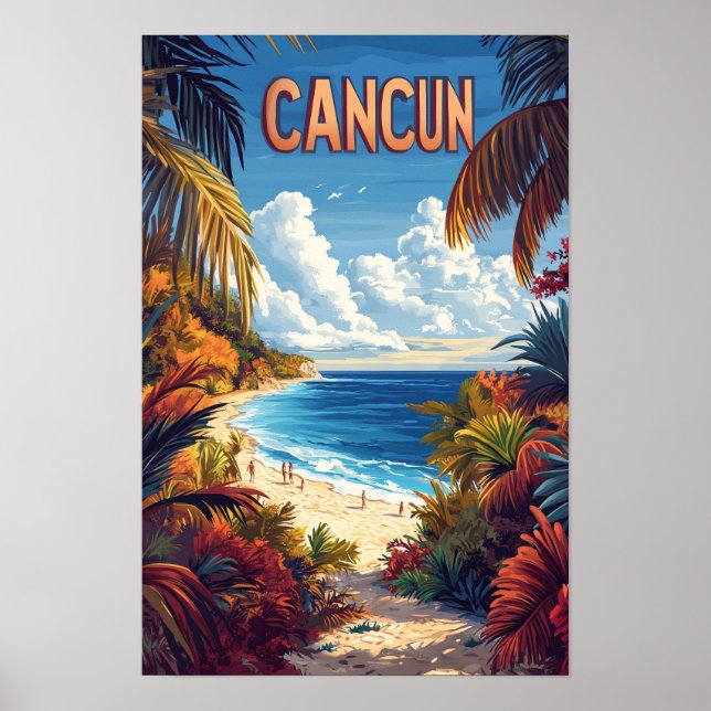 Poster Cancun Beach Mexico Vintage Illustration Viagem (Frente)