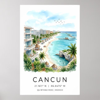 Poster Cancun Beach Watercolor Print, Palm Trees and Pier