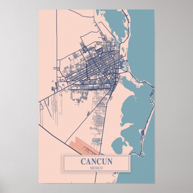 Poster Cancun México Mapa da Cidade Ventilada Viagem (Frente)