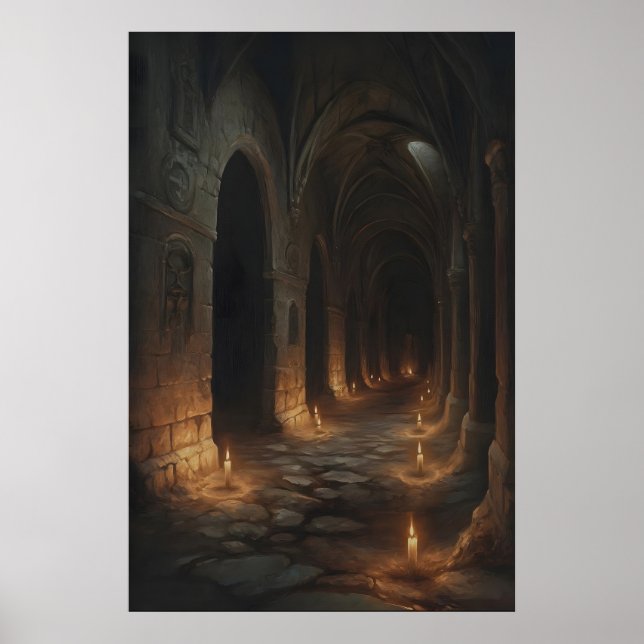 Poster Candlelit Labyrinth Gothic Castle Corridor Art Pri (Frente)