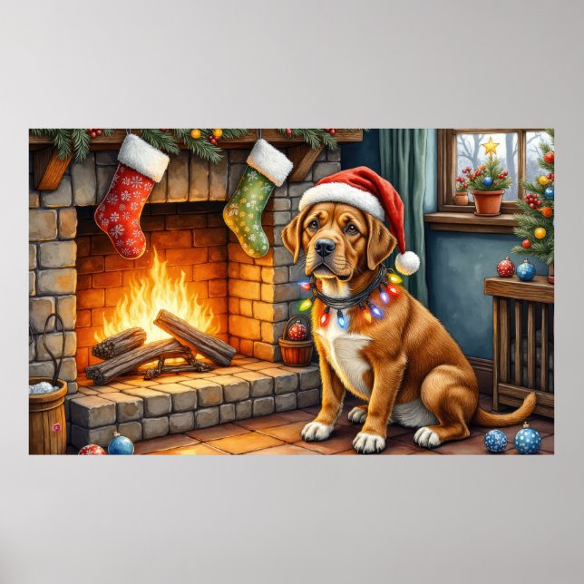 Poster Cane Corso Lareira com Luzes de Natal (Frente)