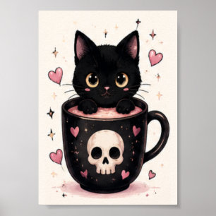 Poster Caneca de Caveira Fofa Gato Preto Halloween