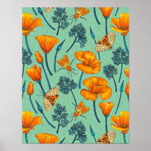 Poster Canecas da Califórnia e mariposas na jade