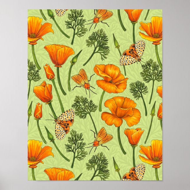 Poster Canecas da Califórnia e mariposas no orvalho (Frente)