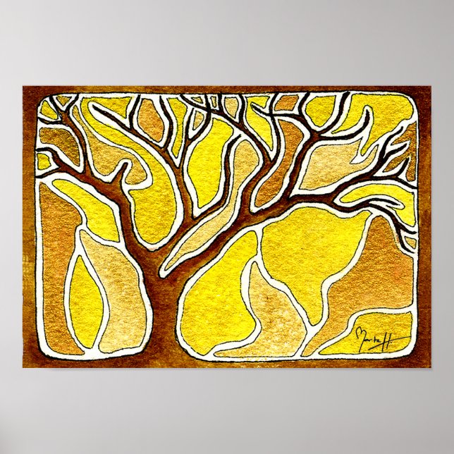 Póster Caneta de aquarela e árvore de tinta - Dourado ama (Frente)