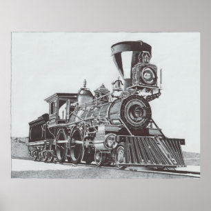 Poster Caneta de tinta Desenho de uma locomotiva a vapor