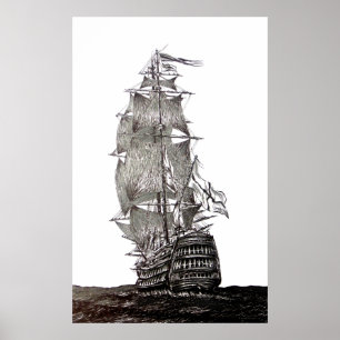 Póster Caneta e desenho de tinta de Galleon em preto e br