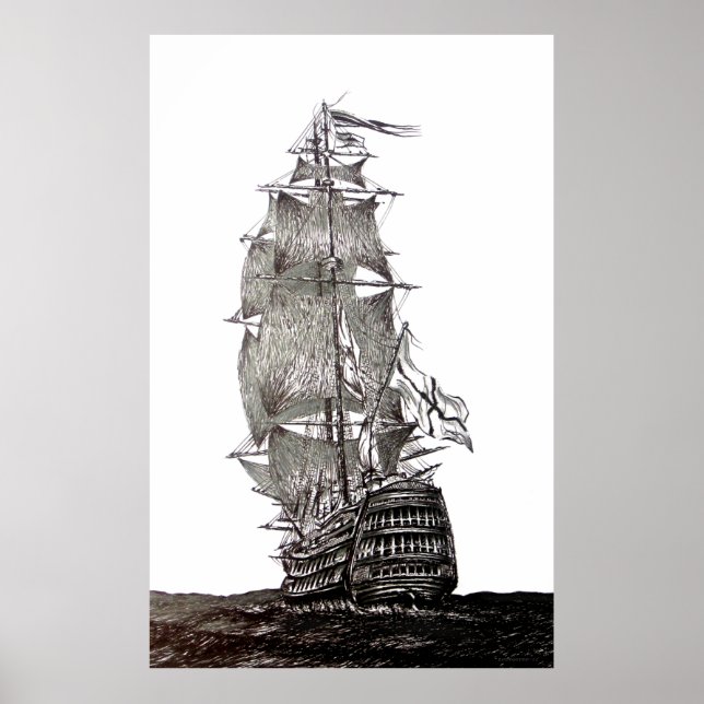 Póster Caneta e desenho de tinta de Galleon em preto e br (Frente)