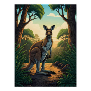 Póster Canguru em Floresta Iluminada pelo Sol