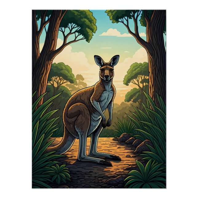 Póster Canguru em Floresta Iluminada pelo Sol (Frente)