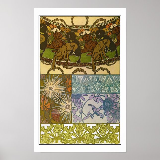 Poster Caninos e Flores do Estilo de Nouveau de Arte, Muc (Frente)