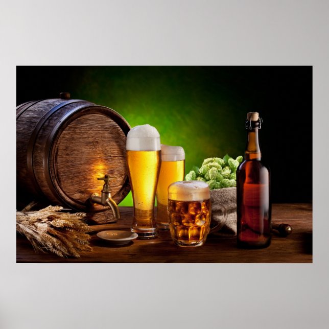 Póster Cano de cerveja com óculos de cerveja em uma mesa  (Frente)