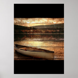 Poster Canoa de madeira primitiva da casa do lago da