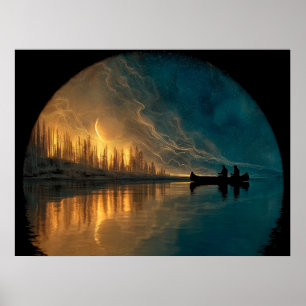 Poster Canoa e lua crescente num lago