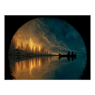 Póster Canoa e lua crescente num lago