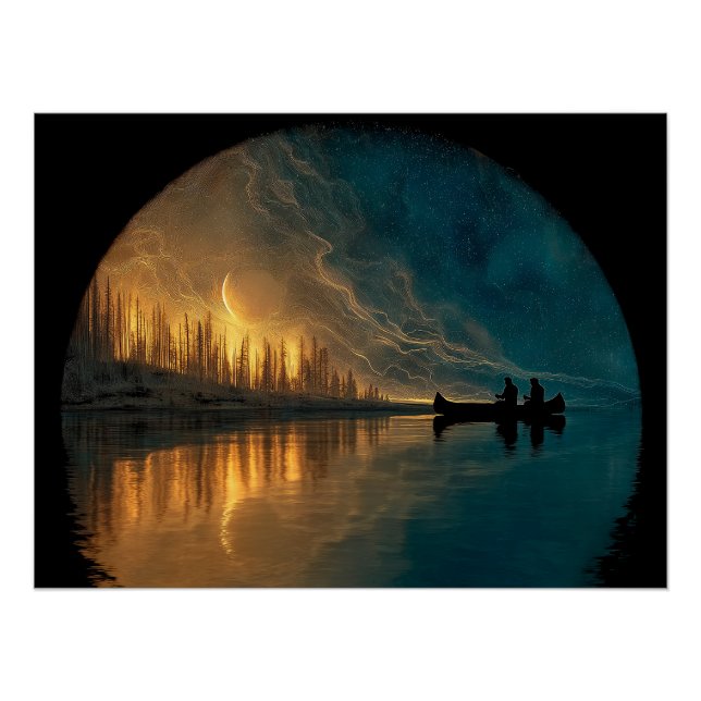 Póster Canoa e lua crescente num lago (Frente)