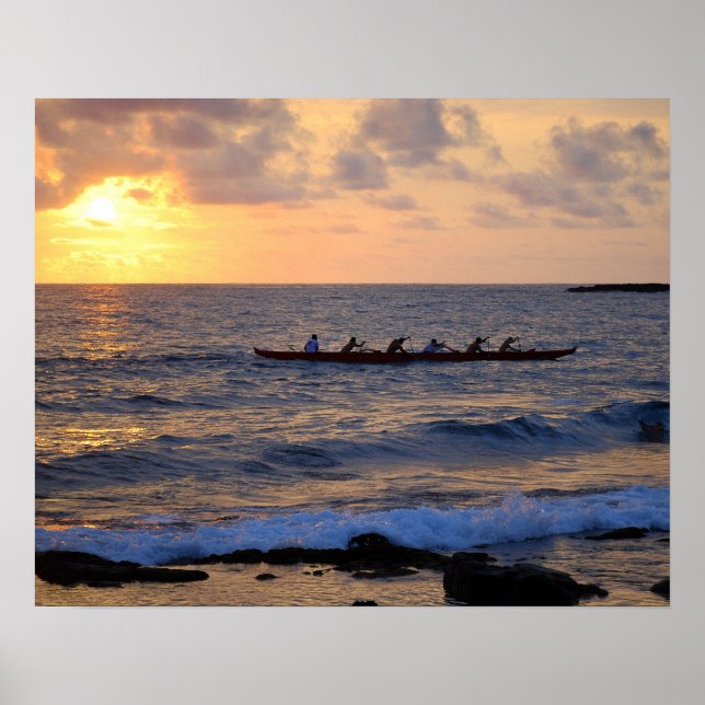 Póster Canoa Hawaiian Outrigger em Sunset 20 x 16 (Frente)