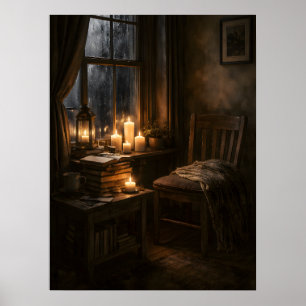 Poster Cantinho de Leitura Aconchegante com Velas e Ilumi