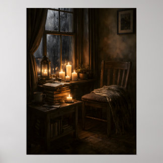 Poster Cantinho de Leitura Aconchegante com Velas e Ilumi