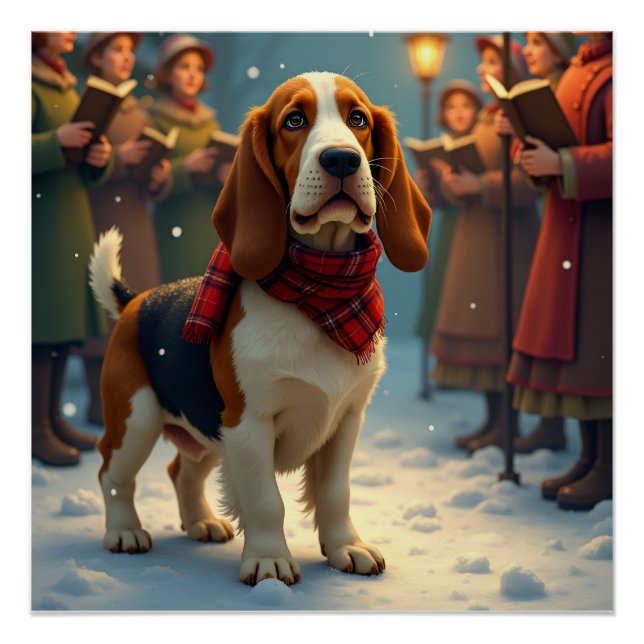Póster Cantores de Natal Basset Hound em Pintura (Frente)