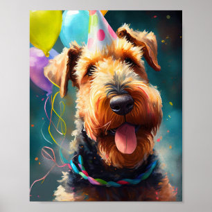 Poster Cão Airedale com chapéu de aniversário e balões