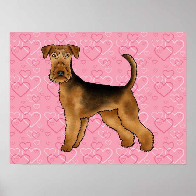Poster Cão Airedale Terrier Amor Com Padrão de Coração Ro (Frente)