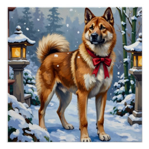 Póster Cão Akita Sereno Natal Japonês de Inverno