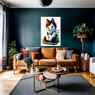 Poster Cão Antropomórfico com Flor Arte AI