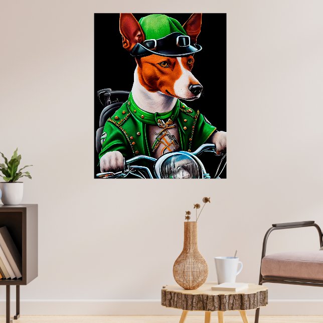 Poster Cão Basenji pilotando bicicleta no Dia de São Patr (Sala de Estar 3)